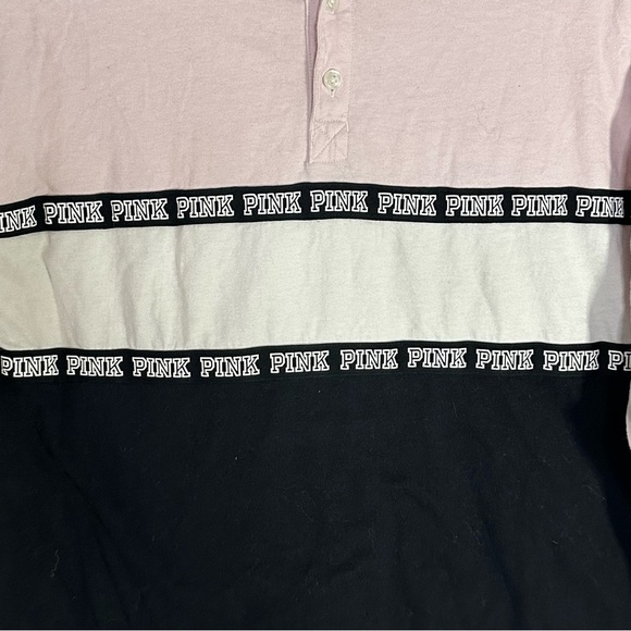 Victoria’s Secret PINK Rugby Shirt Long Sleeve Colorblock Pink w Black S Logo - Picture 4 of 12
